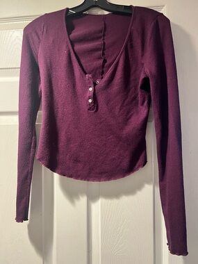 Free People Ribbed Long Sleeve Henley Top - Plum